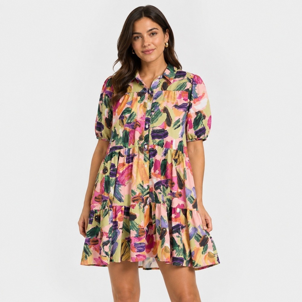 Sunday Up Mini Dress Womens Multi Color Abstract Print Tiered Button Front S